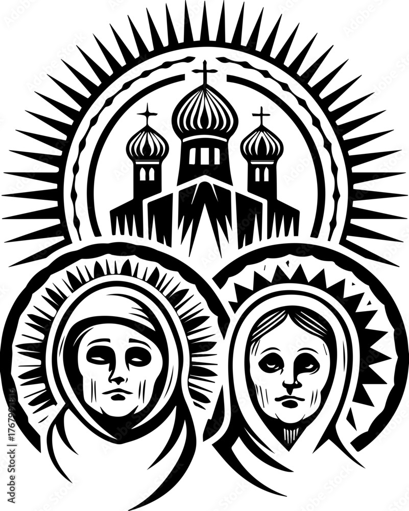 Naklejka premium Skull with flame and pilgrims in tattoo style. Religious Icon Illustration with Detailed Church and Saints Design