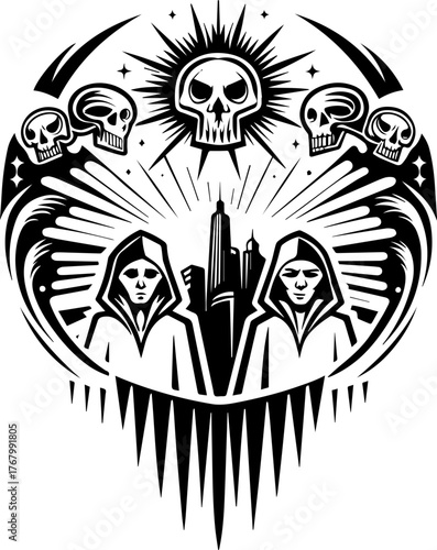 Skull with flame and pilgrims in tattoo style. Dark artistic illustration of skulls, figures, and rays of light