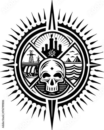 Skull with flame and pilgrims in tattoo style. Black and White Compass Rose with Skull and Nautical Elements