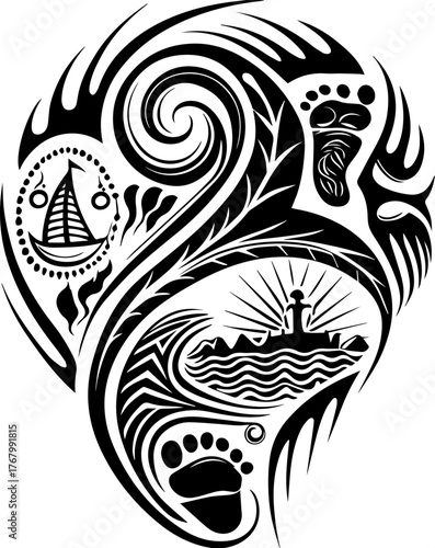 Skull with flame and pilgrims in tattoo style. Artistic Monochrome Design with Waves, Footprints, and Sailboat Elements