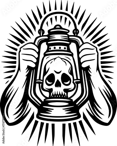 Skull with flame and pilgrims in tattoo style. Skull Lantern Design with Hands Holding Vintage Oil Lantern