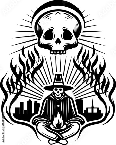 Skull with flame and pilgrims in tattoo style. Skull Artwork with Flames and Mystical Background Design