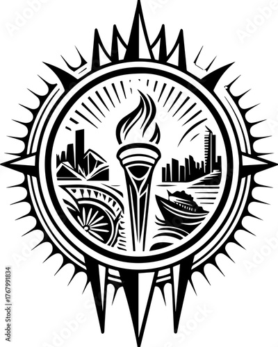 Skull with flame and pilgrims in tattoo style. Elegant Black and White Compass Design with Torch and Cityscape
