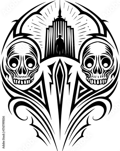 Skull with flame and pilgrims in tattoo style. Intricate Black and White Skull Design with Urban Silhouette Elements