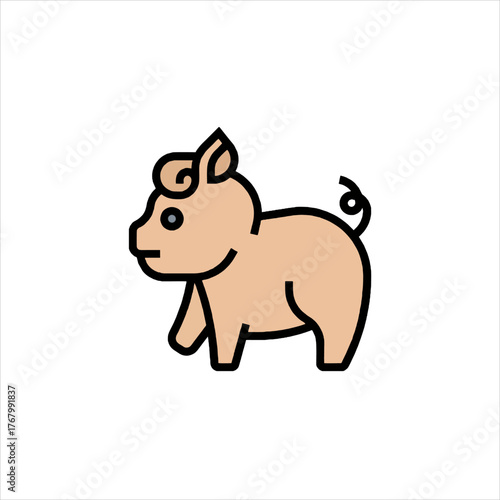 Cartoon pig standing on white background looking happy and cute, with curly tail and pink skin, creating a cheerful and playful mood.