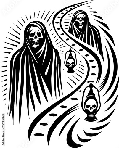 Skull with flame and pilgrims in tattoo style. Hooded Figures with Lanterns Haunting a Dark Path Illustration