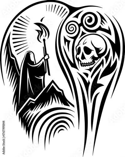Skull with flame and pilgrims in tattoo style. Dark Figure with Skull and Mountain in Intricate Black Design