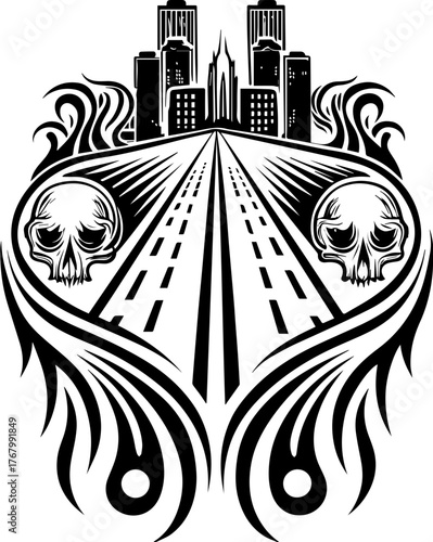 Skull with flame and pilgrims in tattoo style. Urban Skyline with Skull Motif and Abstract Flame Design