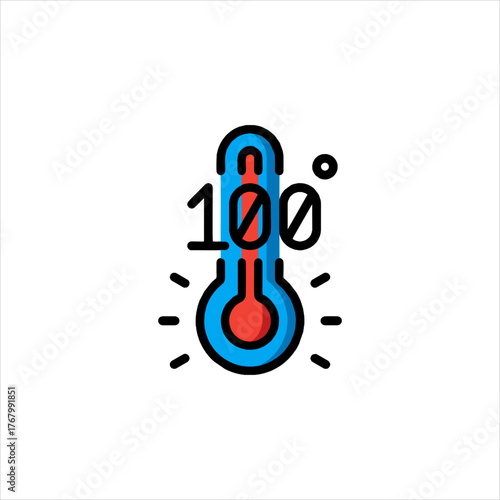 Thermometer showing 100 degrees celsius indicates extremely high temperature on white backdrop, representing heatwave and global warming.