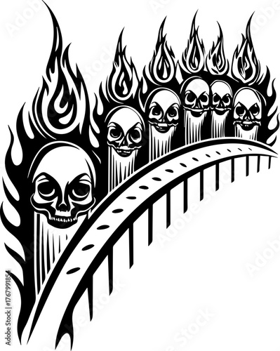 Skull with flame and pilgrims in tattoo style. Fiery Skull Design with Flames and Film Strip Elements