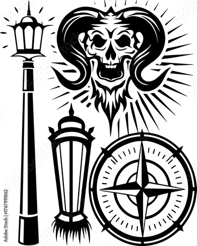 Skull with flame and pilgrims in tattoo style. Dark Fantasy Elements with Skull, Lamps, and Compass Design