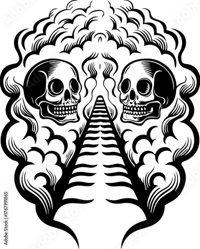 Skull with flame and pilgrims in tattoo style. Artistic Illustration of Skulls with Smoke and a Symbolic Pathway