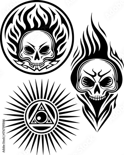 Skull with flame and pilgrims in tattoo style. Artistic Skull Designs with Flames and Geometric Elements
