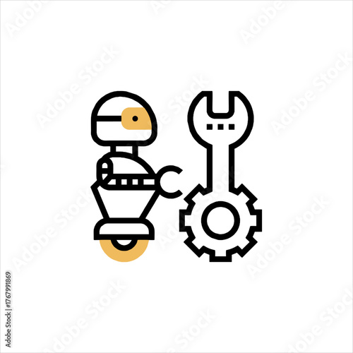 Robot repairing gear with wrench in futuristic workshop, symbolizing technological advancement and precision engineering, creating a sense of innovation and progress.