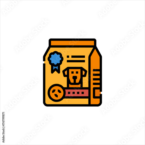 Bag of dog food sitting on white surface, displaying dog portrait and nutritional information, showcasing pet care and healthy eating.