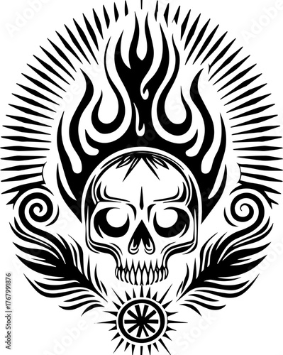 Skull with flame and pilgrims in tattoo style. Intricate Skull Design with Flames and Ornamental Elements