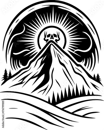 Skull with flame and pilgrims in tattoo style. Majestic Mountain with Skull and Sun Rays in Monochrome Design