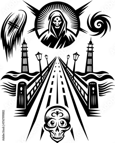 Skull with flame and pilgrims in tattoo style. Black and White Illustration of Mysterious Elements and Symbols