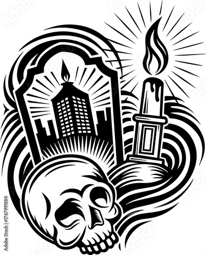 Skull with flame and pilgrims in tattoo style. Black and White Tattoo Style Illustration of Skull and Candle Design