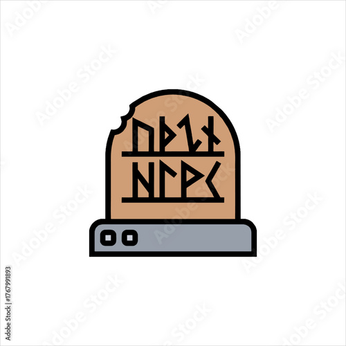 Ancient tombstone displays runic inscriptions in a desolate graveyard, evoking a sense of mystery and historical significance on a cloudy afternoon.