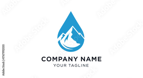 Mountain range silhouette inside a blue water drop logo.