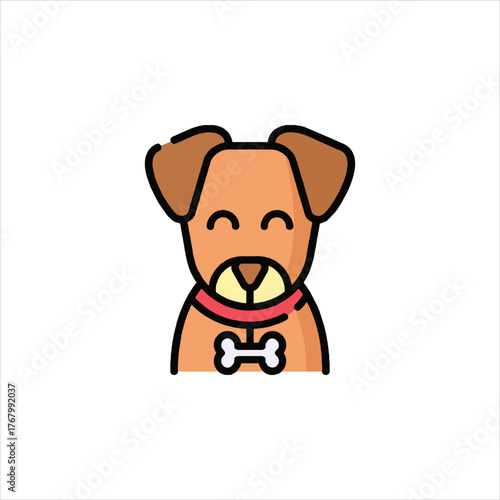 Happy dog wearing a red collar with a bone charm sits patiently against a white backdrop, radiating cheerfulness and simplicity.