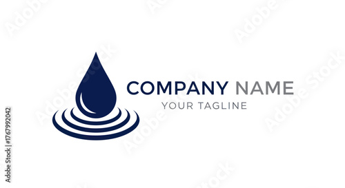 Minimalist dark blue water droplet and wave logo concept.