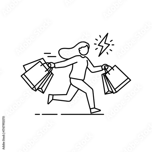 Energetic shopper sprints with bags feeling the excitement of a great sale.