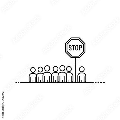 Group of people standing behind a stop sign waiting for something.