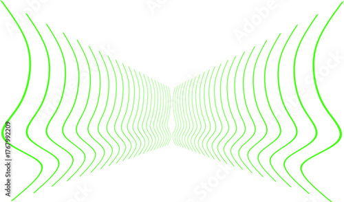 Abstract green wavy lines forming a symmetrical tunnel on a white background, creating a modern optical illusion with a sense of depth and fluid motion.
