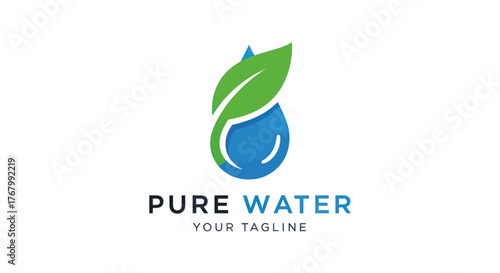 Pure Water Logo with Green Leaf and Blue Water Drop Design.