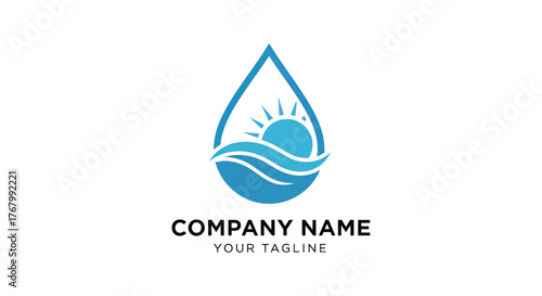 Water drop logo with sun and waves representing nature and environment.