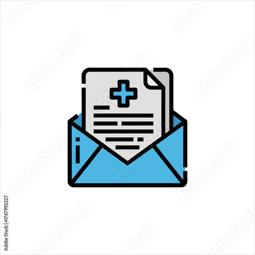 Medical report sits inside open blue envelope on white surface, symbolizing important health information and private communication.