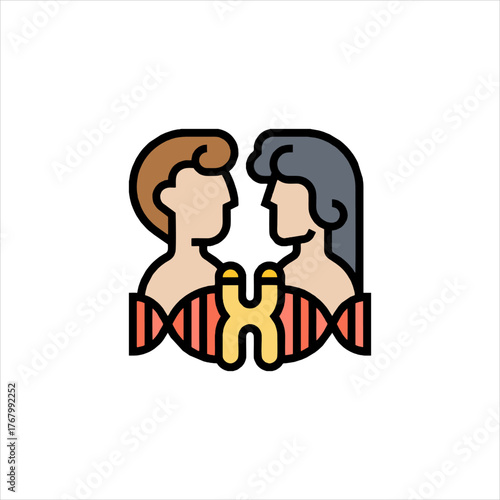 Couple facing each other with dna strand and chromosome between them representing genetics and heredity in a modern, colorful style.