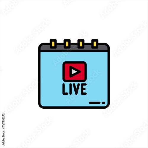 Calendar with a play button displays a live stream notification on a white backdrop, indicating an upcoming online event or broadcast.