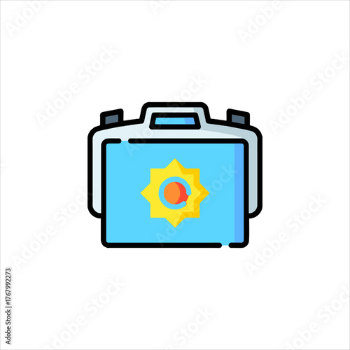 Blue lunchbox with yellow star sits on white table, ready for school or work, conveying a sense of organization and preparedness.