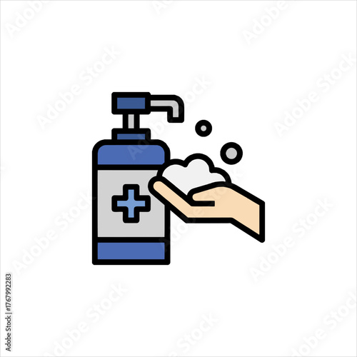 Hand uses sanitizer with foam for hygiene in bathroom to prevent virus spread and maintain cleanliness, promoting health and safety.