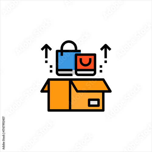 Shopping bags lifting out of a cardboard box, symbolizing online order fulfillment and delivery process with a modern, minimalist aesthetic.