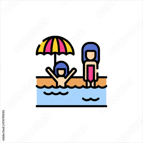 Two figures enjoy a refreshing swim in the pool under a colorful umbrella on a bright summer day, creating a cheerful vacation scene.