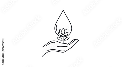Hand holding a blooming flower under a water drop icon.