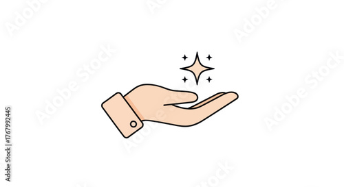 Simple line art icon of a hand presenting a shining star.