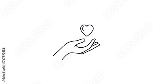 Simple line art icon of a hand holding a heart symbol.