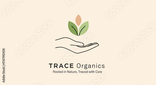 Trace Organics logo with hand and plant symbol.