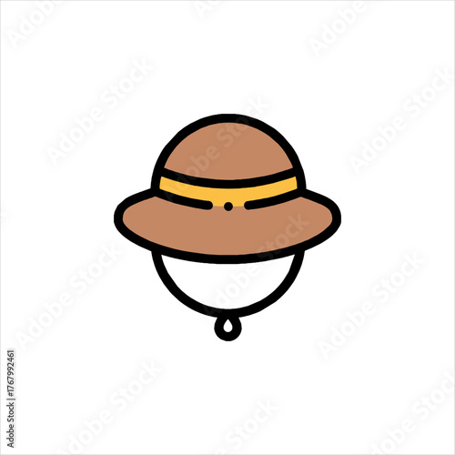 Brown pith helmet representing travel and exploration on white backdrop with simple lines and bright colors evoking adventure and discovery.