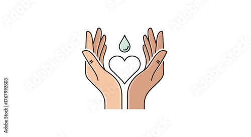 Hands holding a heart and water drop symbolizing care and purity.