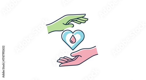 Hands offering and receiving a heart with a blood drop.