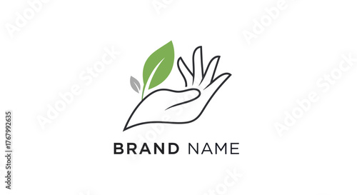Hand holding a green leaf logo design for natural products.