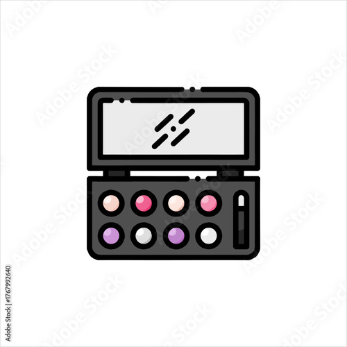 Makeup palette displaying various colorful eyeshadows with a mirror and applicator for cosmetic application, showcasing beauty and style.