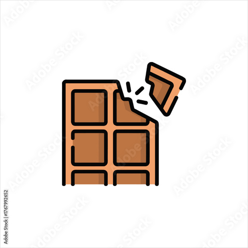 Chocolate bar breaking apart showing delicious treat on white surface with simple outline and bright colors, creating a sweet and tempting image.