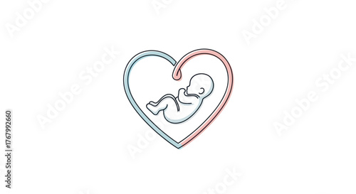 One line art illustration of a newborn baby within a heart shape.